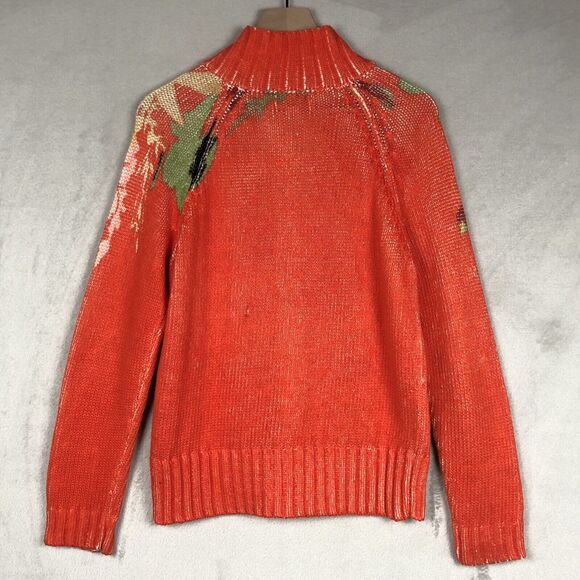COLDWATER CREEK Embroidered Full Zip Sweater Sz M Orange Printed Floral Cotton - Picture 2 of 13